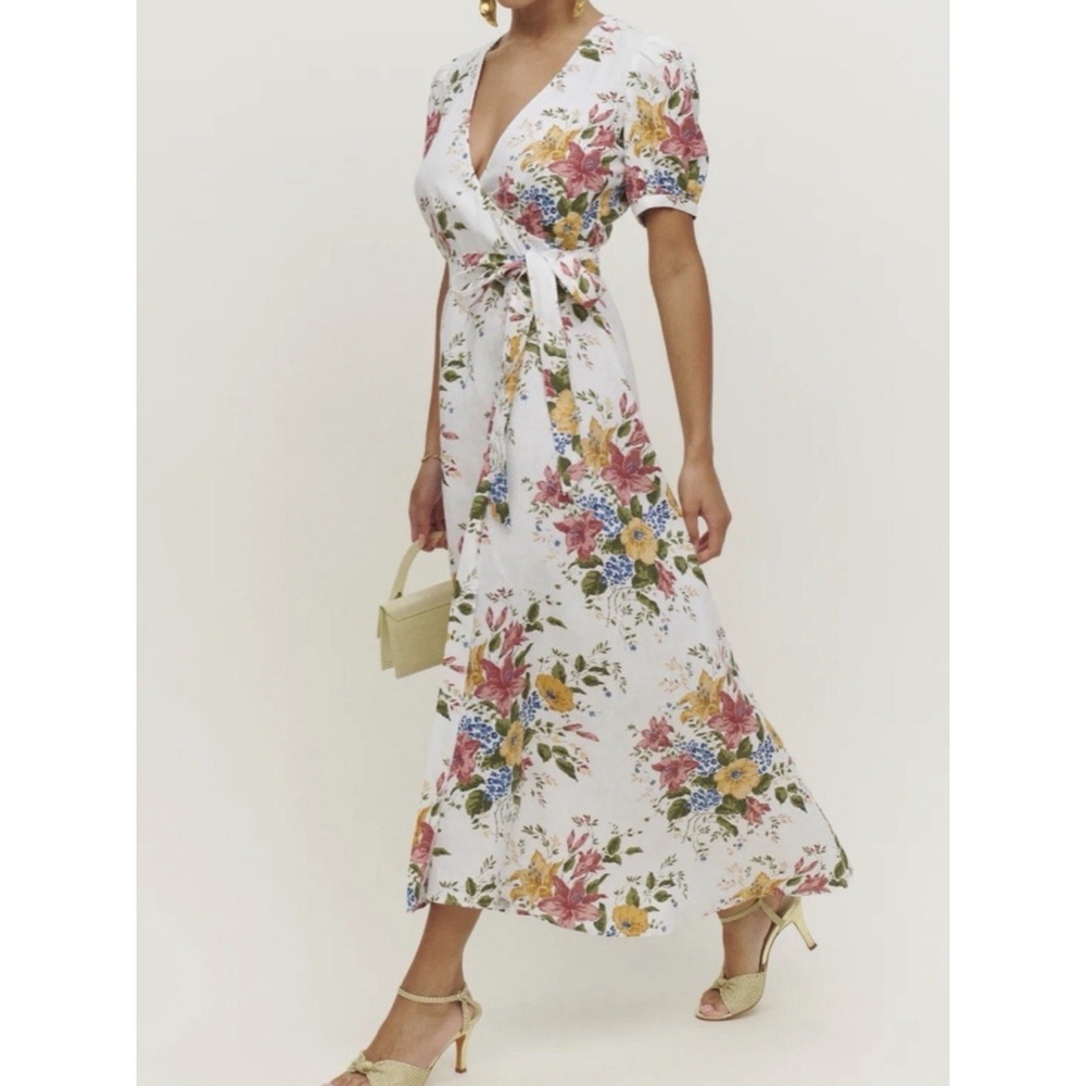 Reformation Weiss Linen Floral Wrap Dress in Chantilly Sz L NWOT - Picture 1 of 8